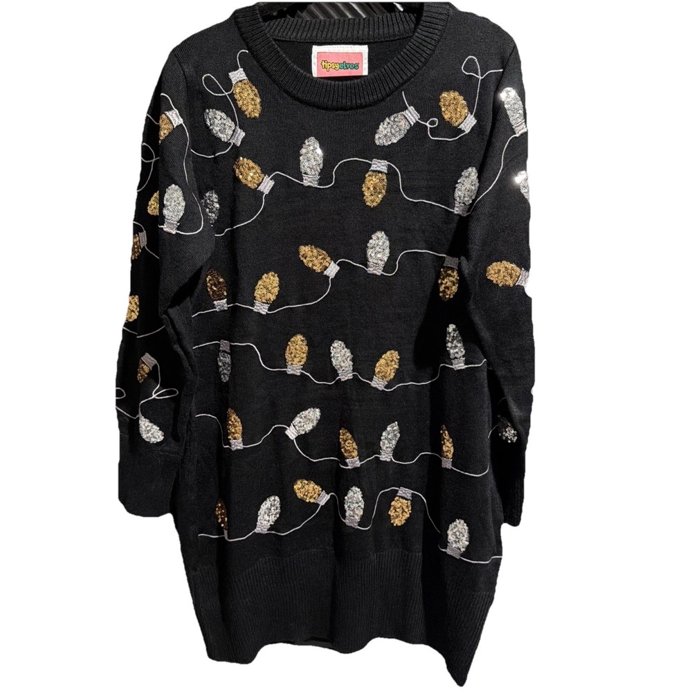 Tipsy Elves Light Strand Christmas Sweater Dress Gold And Silver Sequins Size XL